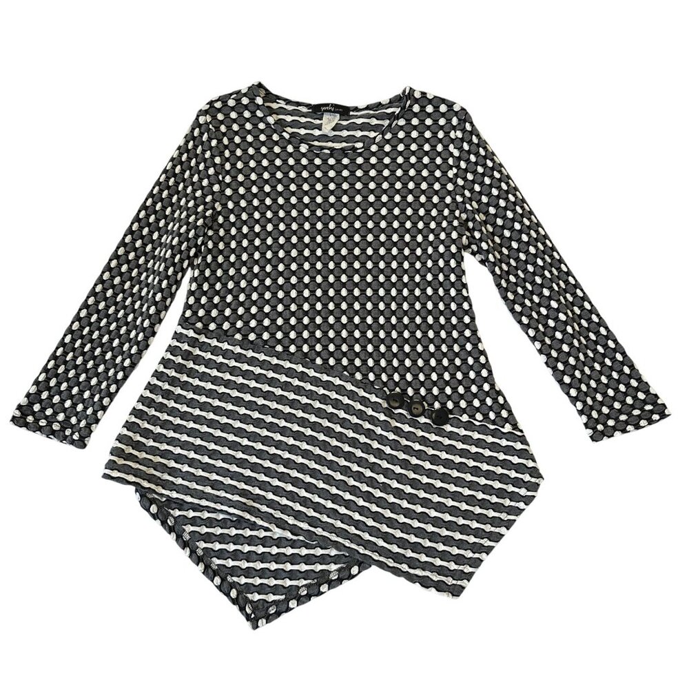 Yushi Womens Asymmetric Textured Lagenlook Top Size S Black White Button Detail